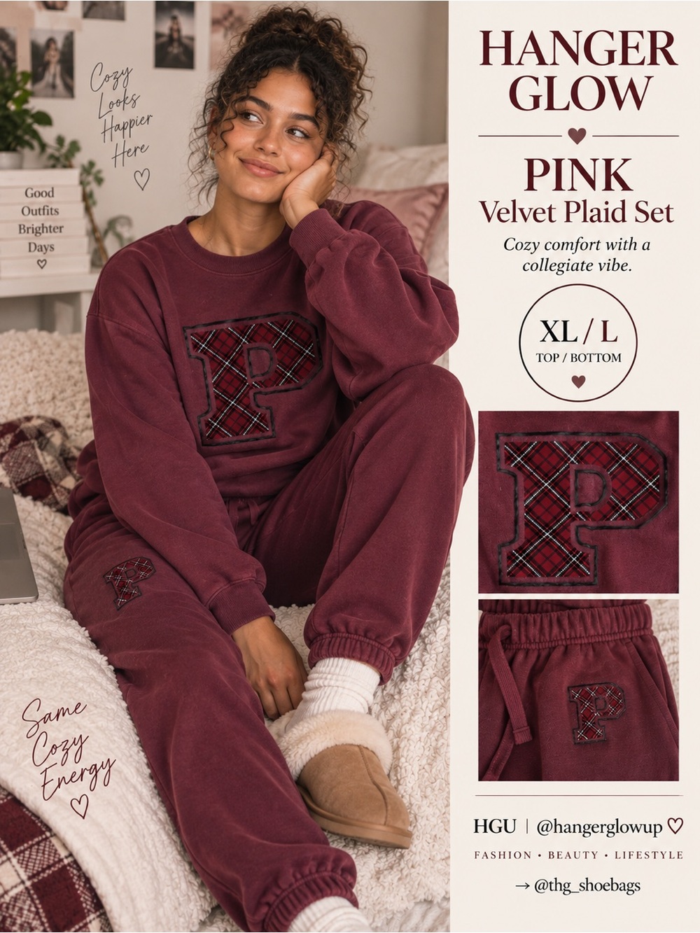 PINK Victoria’s Secret Plaid P Sweatshirt XL + Ivy Fleece Joggers L